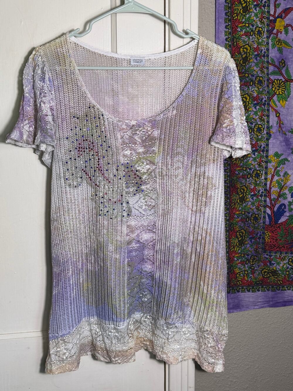 Charming Charlie Butterfly Knit Top Lace Trim Rhinestone Short Sleeve Medium